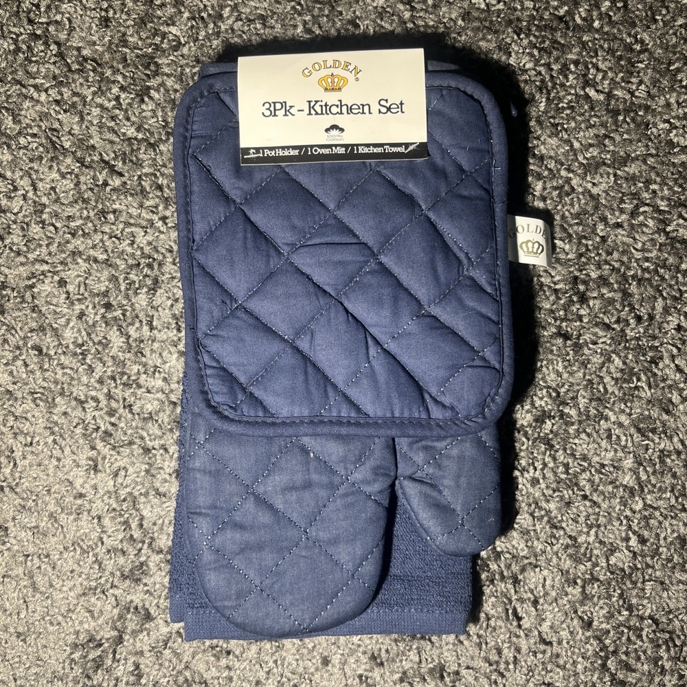 Golden 3 Piece Kitchen Set Oven Mitt , Pot Holder & Towel Navy blue Brand new